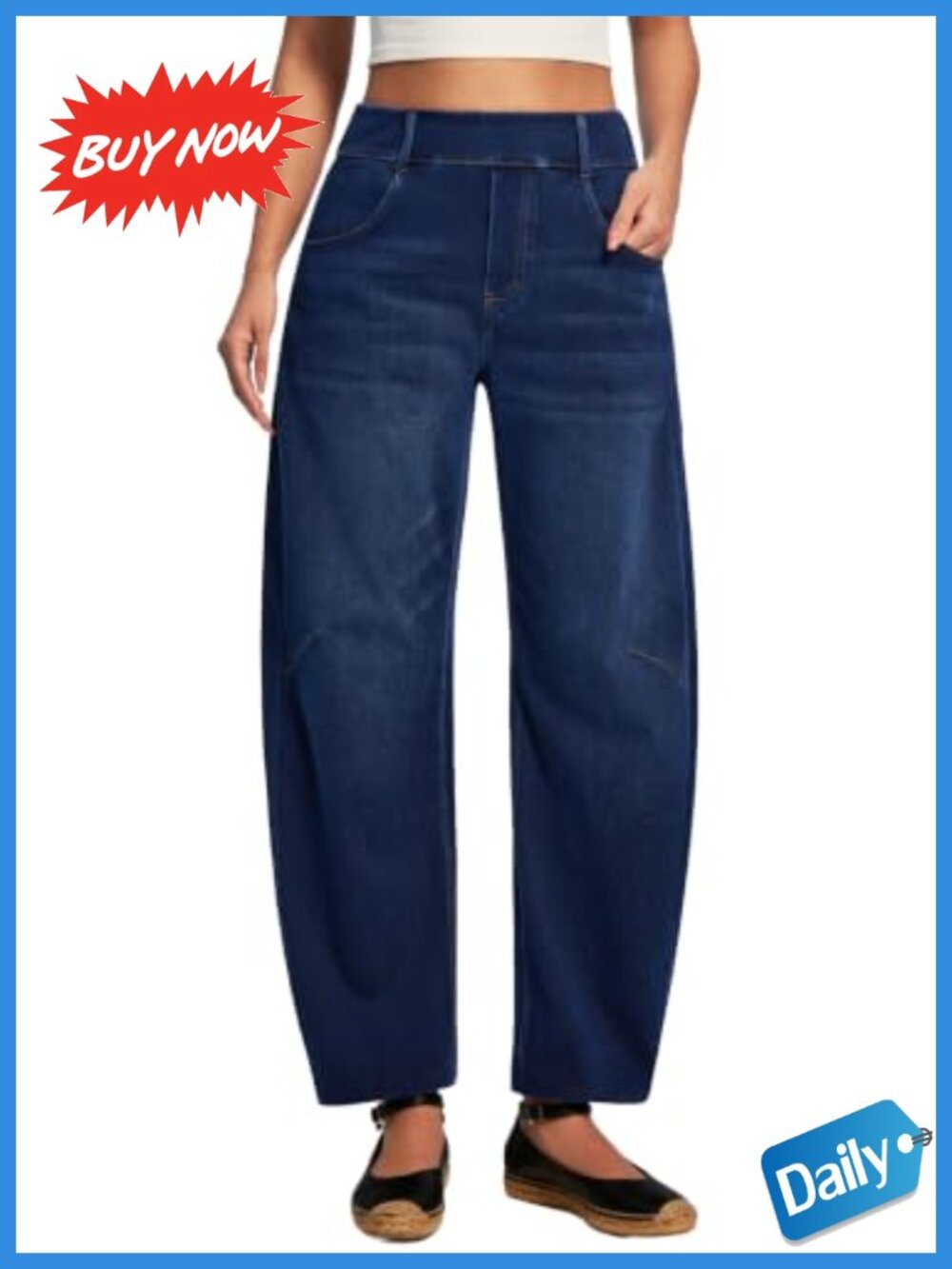 High Waisted Pull On Barrel Jeans Stretchy Denim Tummy Control Pants